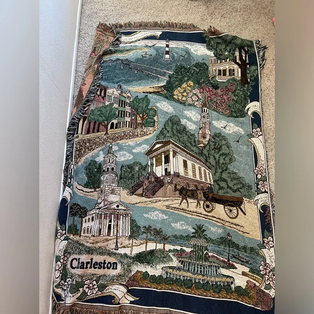 VNTG CHARLESTON TAPESTRY throw Blanket WALL Hanging Art Artistic Christmas 72x50